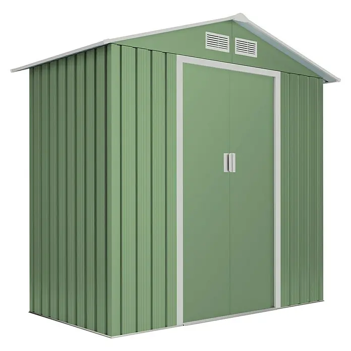 Hoggar Gerätehaus Visby - Außenmaß inkl. Dachüberstand (B x T): 196 x 131 cm, Grün, Stahl, Grundfläche: 2,57 m² - Ein grünes Metall-Gartengerätehaus mit Doppeltür und weißem Rahmen bietet viel Stauraum für Gartengeräte und Werkzeuge.