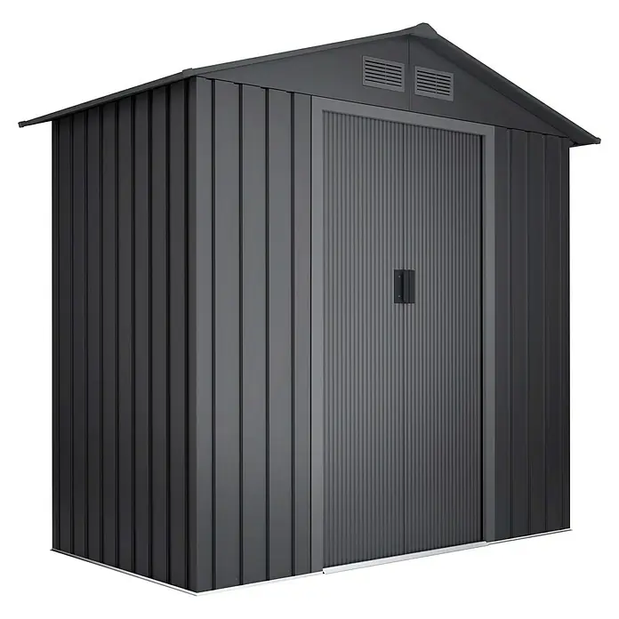 Hoggar Gerätehaus Visby - Außenmaß inkl. Dachüberstand (B x T): 196 x 131 cm, Anthrazit, Stahl, Grundfläche: 2,57 m² - Eine graue Metall-Gartengerätehaus, ideal zur Aufbewahrung von Werkzeugen und Gartenzubehör, mit Doppeltür und Lüftungsgittern.