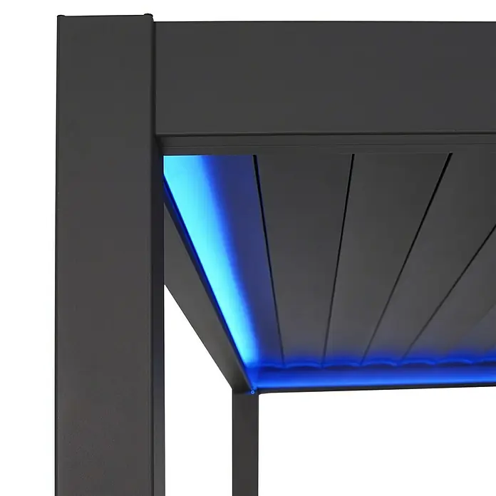 Sorara Pergola Smart LED - B x T: 400 x 300 cm, Farbe Gestell: Anthrazit, Aluminium - Pergola-Detailaufnahme mit blauer LED-Beleuchtung, die eine moderne und einladende Atmosphäre schafft.\n