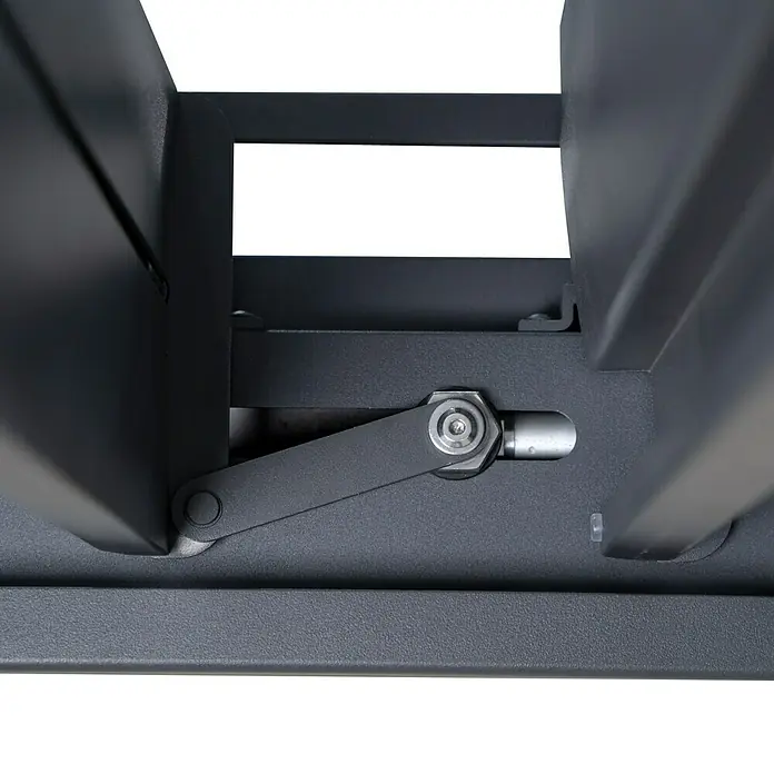 Sorara Pergola Smart LED - B x T: 400 x 300 cm, Farbe Gestell: Anthrazit, Aluminium - Detailansicht eines grauen Aluminium-Lamellendachs mit Fokus auf den Verbindungsmechanismus, der die Lamellen steuert.\n