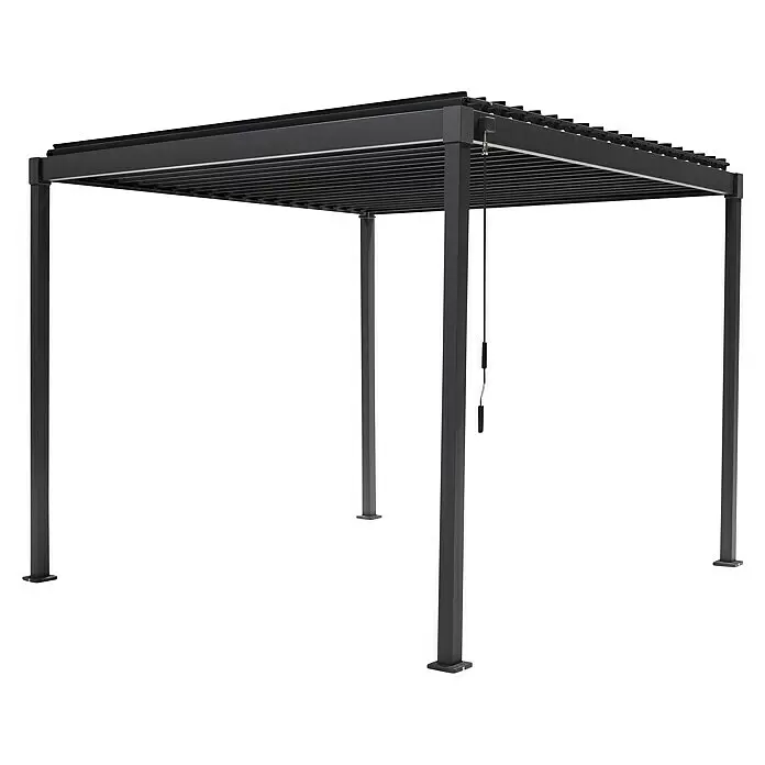 Sorara Pergola Suva - B x T: 300 x 300 cm, Farbe Gestell: Anthrazit, Stahl - Dunkelgraue Metallpergola mit verstellbarem Lamellendach und Zugmechanismus.