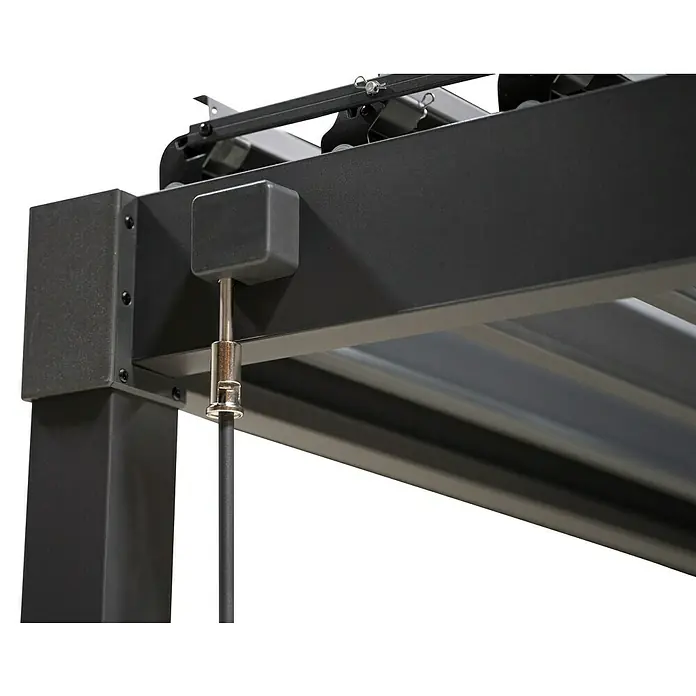 Mirador Pergola Solid 80 - B x T: 400 x 300 cm, Anthrazit, Material Gestell: Stahl - Detailansicht einer Terrassenüberdachung mit Lamellen, die Schatten und Schutz bietet. Die Konstruktion ist stabil und wetterfest.