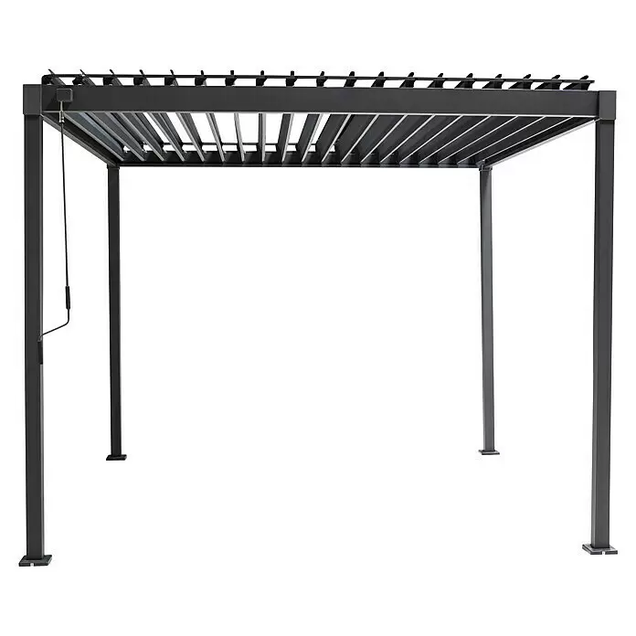Sorara Pergola Suva - B x T: 300 x 300 cm, Farbe Gestell: Anthrazit, Stahl - Dunkelgraue Metall-Pergola mit verstellbaren Lamellen und sichtbarer Handkurbel zur Bedienung.