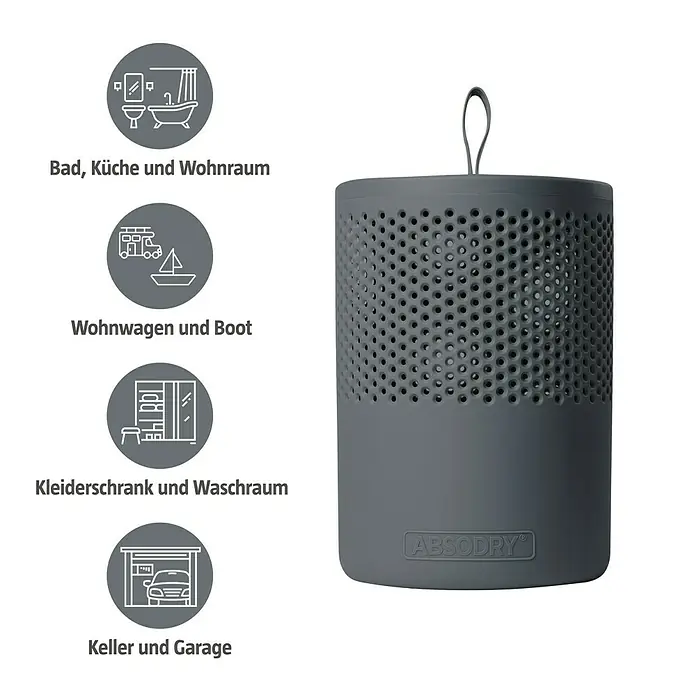 Absodry Duo Family Luftentfeuchter Series 6 - Grau, Ø x H: 14,5 x 21 cm - Das Bild zeigt einen grauen ABSODRY Luftentfeuchter für Bad, Küche, Wohnraum, Wohnwagen, Boot, Kleiderschrank, Waschraum, Keller und Garage.