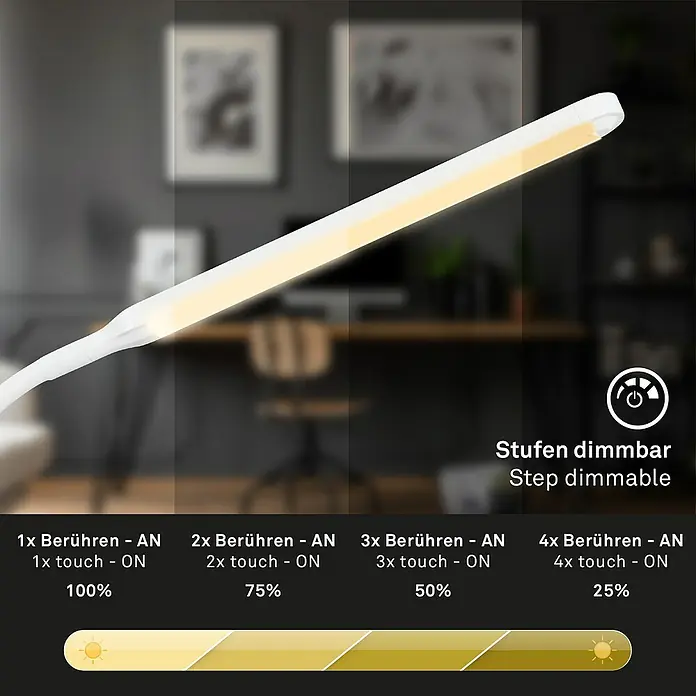 Briloner LED-Tischleuchte PIVAZ - 6 W, Weiß, Warmweiß - Das Bild zeigt eine dimmbare Schreibtischlampe mit Touch-Bedienung und vier Helligkeitsstufen von 100% bis 25%.