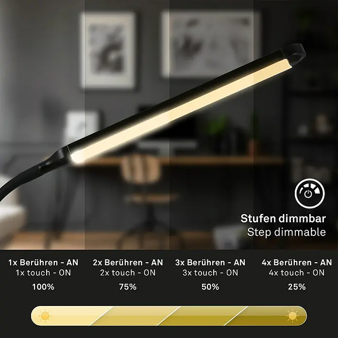 Briloner LED-Tischleuchte PIVAZ - 6 W, Schwarz, Warmweiß - Dimmbare LED-Schreibtischleuchte mit Touch-Bedienung zur Einstellung der Helligkeit in vier Stufen für optimales Licht beim Arbeiten.