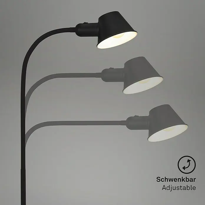 Briloner Tischleuchte BRELLO - 10 W, L x B x H: 23 x 15 x 65 cm, Schwarz, E27 - Schwarze Stehlampe mit verstellbarem Lampenkopf, der in verschiedenen Positionen gezeigt wird. Ideal für Wohnzimmer und Arbeitsbereiche.
