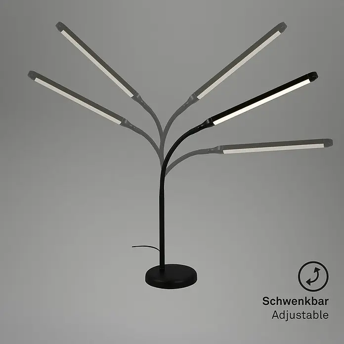 Briloner LED-Tischleuchte PIVAZ - 6 W, Schwarz, Warmweiß - Abbildung einer verstellbaren schwarzen LED-Stehlampe mit mehreren Armen, die Flexibilität und gezielte Beleuchtung bietet.