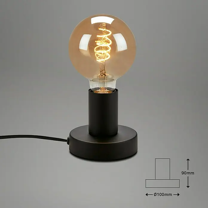 Briloner Tischleuchte rund TEEPU - 10 W, Ø x H: 10 x 9 cm, Schwarz, E27 - Nahaufnahme einer Tischlampe mit einer großen, runden Glühbirne und einem schwarzen, zylindrischen Fuß.