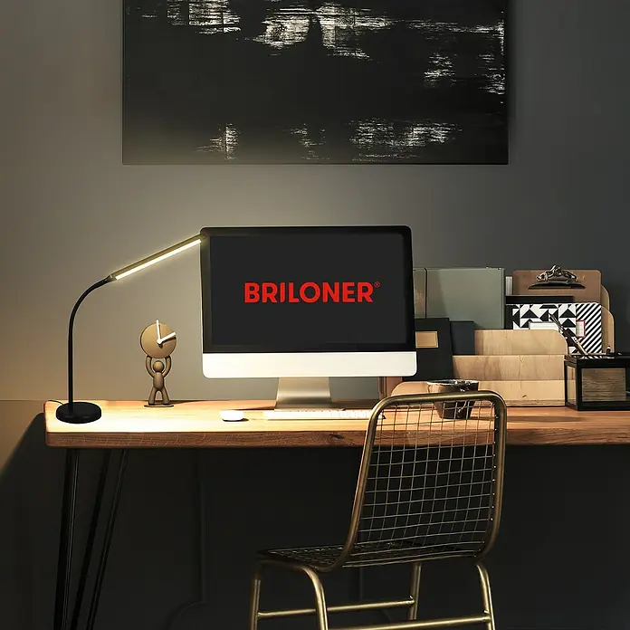 Briloner LED-Tischleuchte PIVAZ - 6 W, Schwarz, Warmweiß - Schreibtischlampe mit flexiblem Arm und warmem Licht, ideal für konzentriertes Arbeiten am PC.