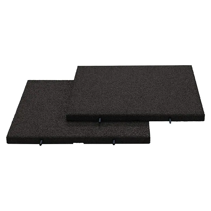 Fallschutzmatte inkl. Steckverbindung - Anthrazit, 50 x 50 x 3 cm - Zwei schwarze, rechteckige Gummimatten, die übereinander liegen und für Stoßdämpfung und Schutz konzipiert sind.