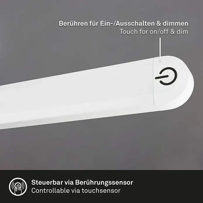 Briloner LED-Tischleuchte PIVAZ - 6 W, Weiß, Warmweiß - Nahaufnahme einer weißen LED-Lampe mit Touch-Steuerung zum Ein-/Ausschalten und Dimmen.