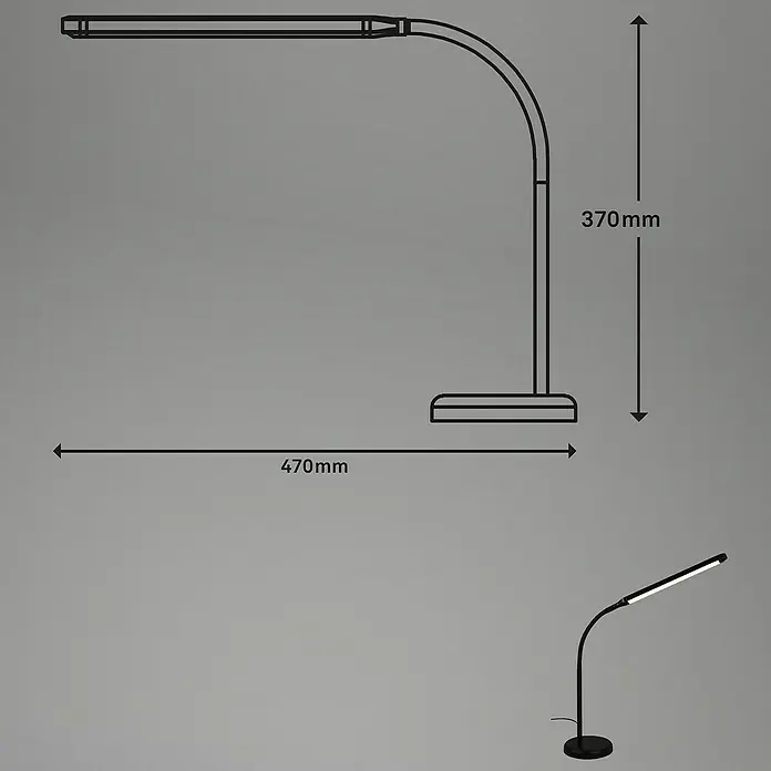 Briloner LED-Tischleuchte PIVAZ - 6 W, Schwarz, Warmweiß - Detaillierte Schemazeichnung einer modernen Schreibtischlampe mit präzisen Maßangaben in Millimetern zur Veranschaulichung der Produktabmessungen.