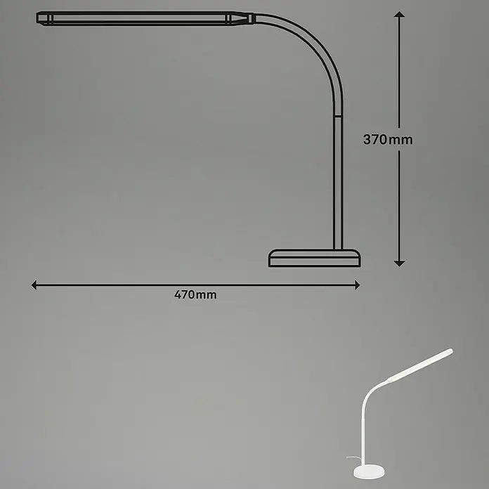Briloner LED-Tischleuchte PIVAZ - 6 W, Weiß, Warmweiß - Abbildung einer Schreibtischlampe mit den Maßen 370 mm Höhe und 470 mm Breite, ideal für Arbeitsbereiche.