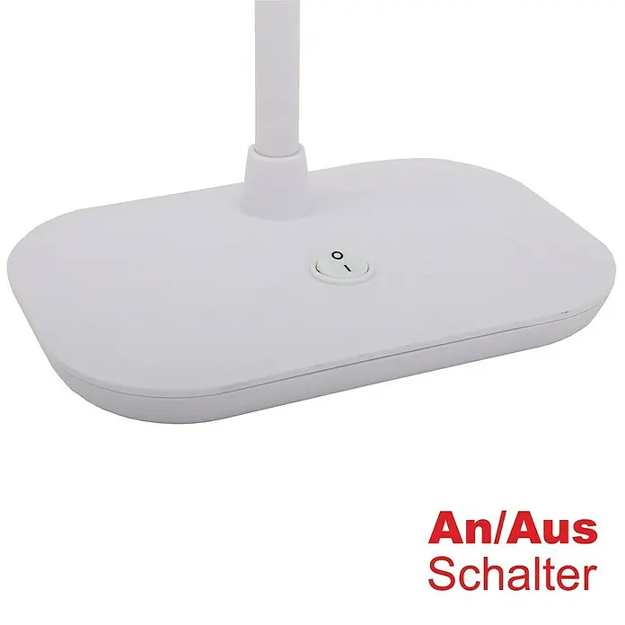 Briloner LED-Tischleuchte Daylight - 8 W, L x B x H: 23 x 12 x 44 cm, Weiß, Tageslichtweiß - Nahaufnahme des weißen Sockels einer Schreibtischlampe mit dem Schalter, der "An/Aus" beschriftet ist.