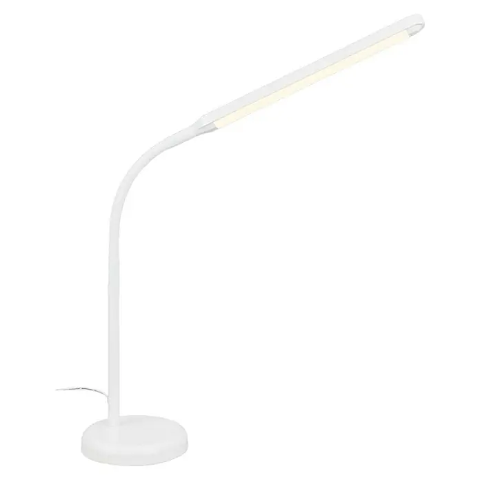 Briloner LED-Tischleuchte PIVAZ - 6 W, Weiß, Warmweiß - Eine moderne, weisse Schreibtischlampe mit einem schlanken, gebogenen Design und einer hellen LED-Beleuchtung für den Arbeitsbereich.