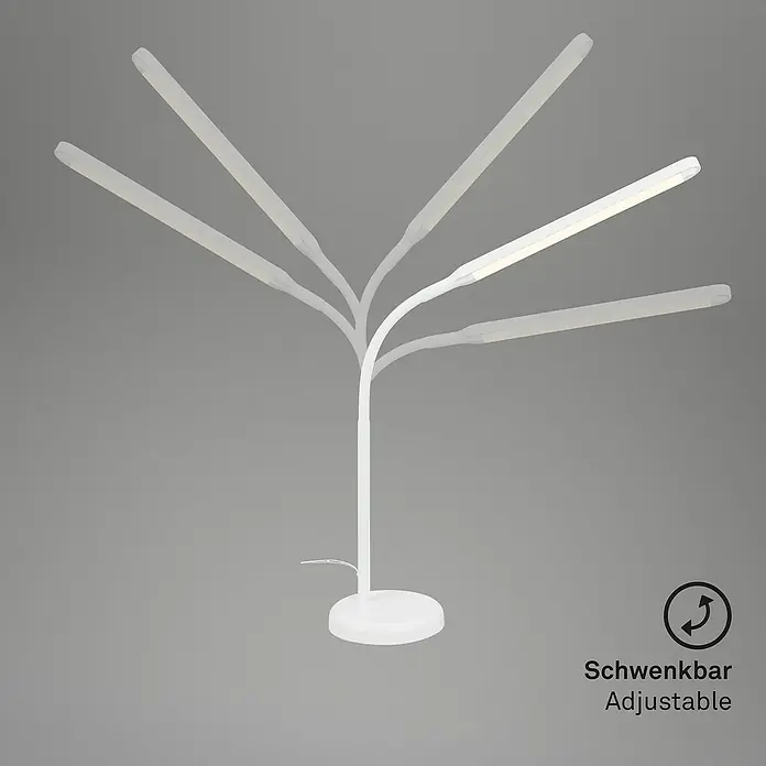 Briloner LED-Tischleuchte PIVAZ - 6 W, Weiß, Warmweiß - Diese Abbildung zeigt eine verstellbare, moderne LED-Stehlampe in Weiß mit schwenkbarem Lampenkopf für flexible Beleuchtung.