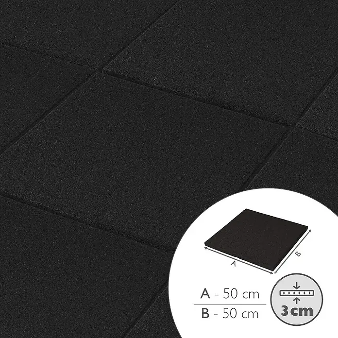 Fallschutzmatte inkl. Steckverbindung - Anthrazit, 50 x 50 x 3 cm - Schwarze Gummifliesen mit Abmessungen, ideal für Fitnessstudios. A: 50cm, B: 50cm, Dicke: 3cm. Rutschfest und strapazierfähig für Sportböden.