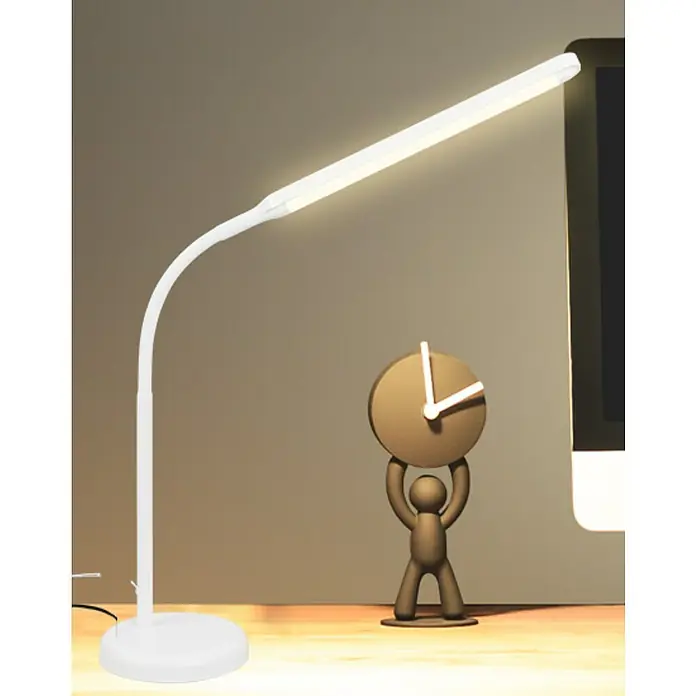 Briloner LED-Tischleuchte PIVAZ - 6 W, Weiß, Warmweiß - Weisse LED-Schreibtischlampe beleuchtet einen Schreibtisch mit einer dekorativen Uhr. Ideal für Büro oder Zuhause.
