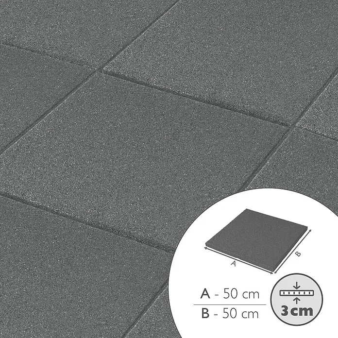 Fallschutzmatte inkl. Steckverbindung - Grau, 50 x 50 x 3 cm - Produktbild einer grauen Gummifliese mit den Maßen 50x50 cm und einer Dicke von 3 cm für den Einsatz im Fitnessstudio oder anderen Bereichen.