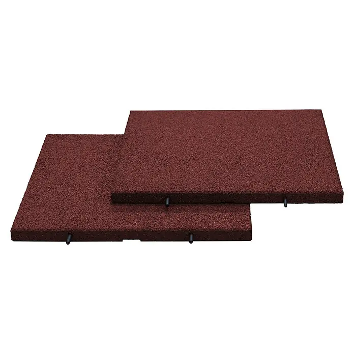 Fallschutzmatte inkl. Steckverbindung - Rot, 50 x 50 x 3 cm - Eine Nahaufnahme von zwei roten Gummiböden, die sich überlappen und eine sichere und stoßdämpfende Oberfläche für Spielplätze bieten.