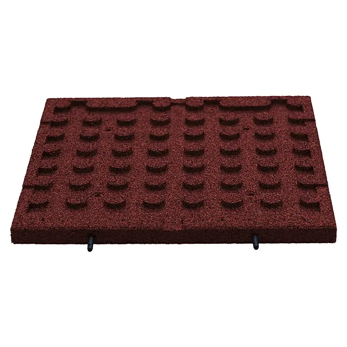 Fallschutzmatte inkl. Steckverbindung - Rot, 50 x 50 x 3 cm - Nahaufnahme einer roten Gummimatte mit Noppenstruktur und Befestigungsstiften. Ideal für Spielplätze und Sportbereiche.