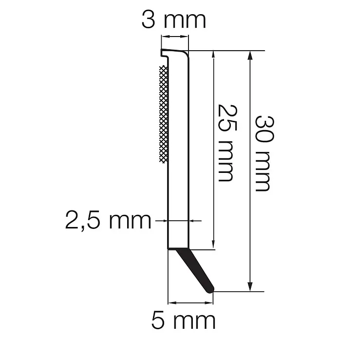 Primo Flachleiste mit Dichtlippe - 1,47 m x 2,5 mm x 30 mm, Weiß - Produktdiagramm mit Maßangaben eines Treppenkantenprofils.
