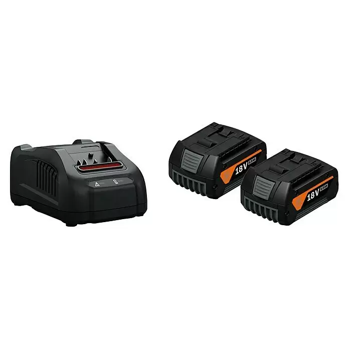 Fein AMPShare 18V Batería y cargador - 18 V, 2 baterías, 5 Ah - Cargador de batería negro y dos baterías de herramientas eléctricas negras y naranjas de 18V 5.0Ah.