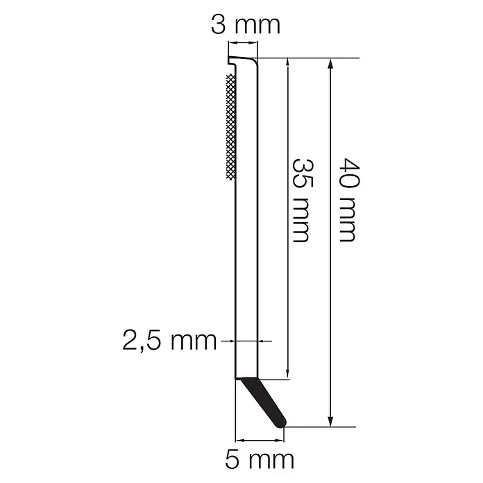 Primo Flachleiste mit Dichtlippe - 1,47 m x 2,5 mm x 40 mm, Weiß - Detailzeichnung eines 40 mm hohen Profils mit Maßangaben. Die Materialstärke beträgt 3 mm.