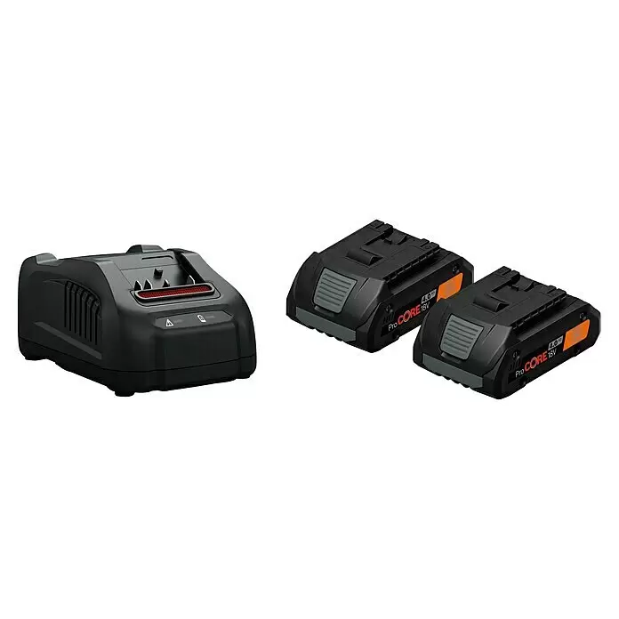 Fein AMPShare 18V Batería y cargador ProCore AS - 18 V, 2 baterías, 4 Ah - Un cargador de batería negro junto a dos baterías ProCORE 18V negras y naranjas para herramientas.