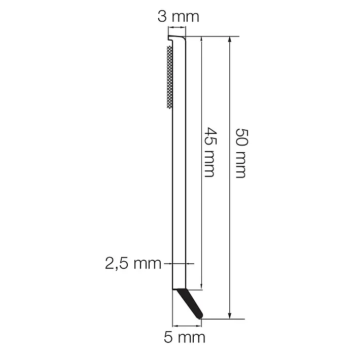Primo Flachleiste mit Dichtlippe - 1,47 m x 2,5 mm x 50 mm, Weiß - Technische Zeichnung des Profils eines Sockels mit Abmessungen.
