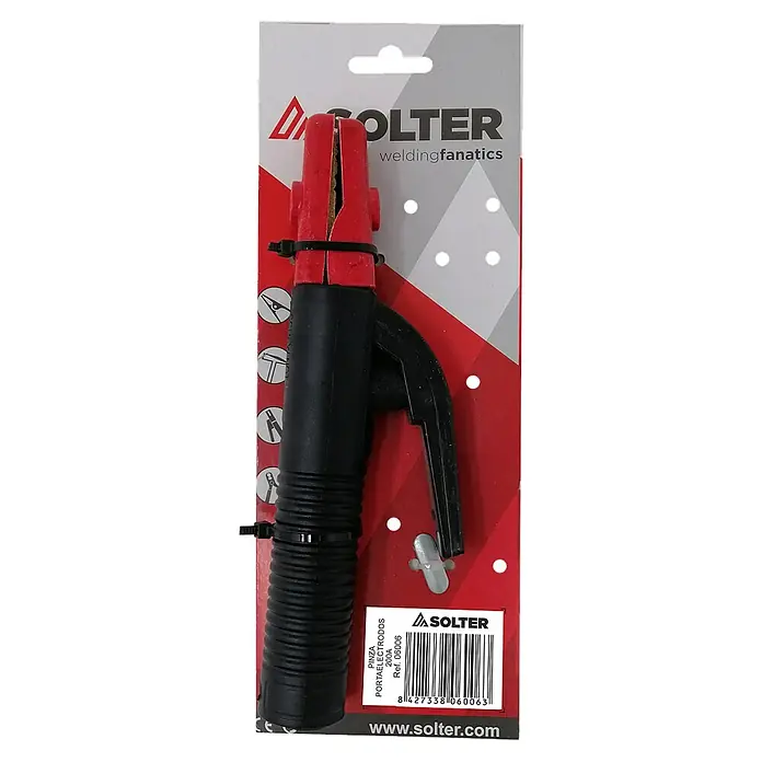 Solter Portaelectrodos - Grosor de electrodo: 4 mm, 200 A - Imagen de producto de un porta electrodos SOLTER 200A, ideal para trabajos de soldadura. Diseño robusto con mango ergonómico.