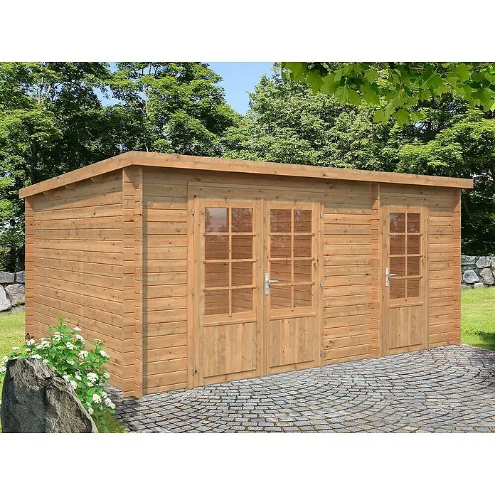 Palmako Gartenhaus Ella - Außenmaß inkl. Dachüberstand (B x T): 477 x 340 cm, Holz, Braun - Ein geräumiges Holzgartenhaus mit Doppeltüren und zusätzlicher Seitentür, ideal für Gartenlagerung oder als Hobbyraum im Freien.