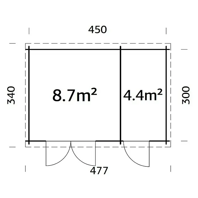 Palmako Gartenhaus Ella - Außenmaß inkl. Dachüberstand (B x T): 477 x 340 cm, Holz, Grau - Grundriss eines Gartenhauses mit Flächenangaben und Abmessungen in Millimetern.