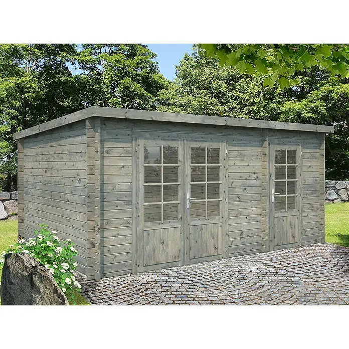 Palmako Gartenhaus Ella - Außenmaß inkl. Dachüberstand (B x T): 477 x 340 cm, Holz, Grau - Graues Holzgartenhaus mit Doppeltüren und Fenstern. Ideal zur Aufbewahrung von Gartengeräten und als Werkstatt.