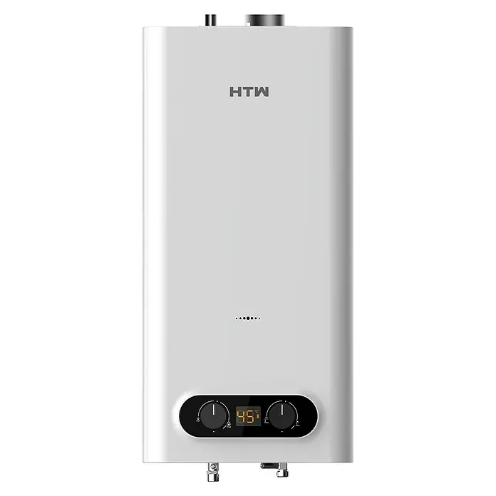 HTW Calentador atmosférico Obi - 19,4 kW, Caudal de agua: 11 l/min, Gas natural - Aquí tienes un calentador de agua HTW blanco moderno con pantalla digital y mandos para el control de la temperatura.\n