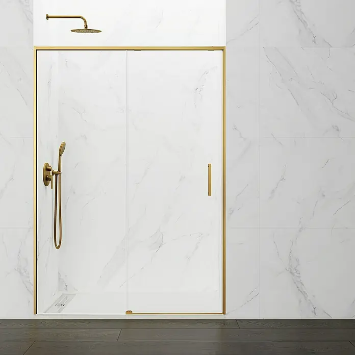 GME Mampara de ducha frontal Twenty - 180 x 195 cm, Espesor de vidrio: 6 mm, Oro - Imagen de una elegante mampara de ducha con herrajes dorados, destacando un diseño de baño moderno.