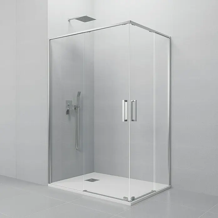 GME Mampara de ducha esquinera Twenty Angular - L x An x Al: 75 x 80 x 195 cm, Vidrio transparente, Cromo - Un moderno conjunto de cabina de ducha rectangular con paneles de vidrio transparente y marcos plateados, con ducha de lluvia y ducha de mano.