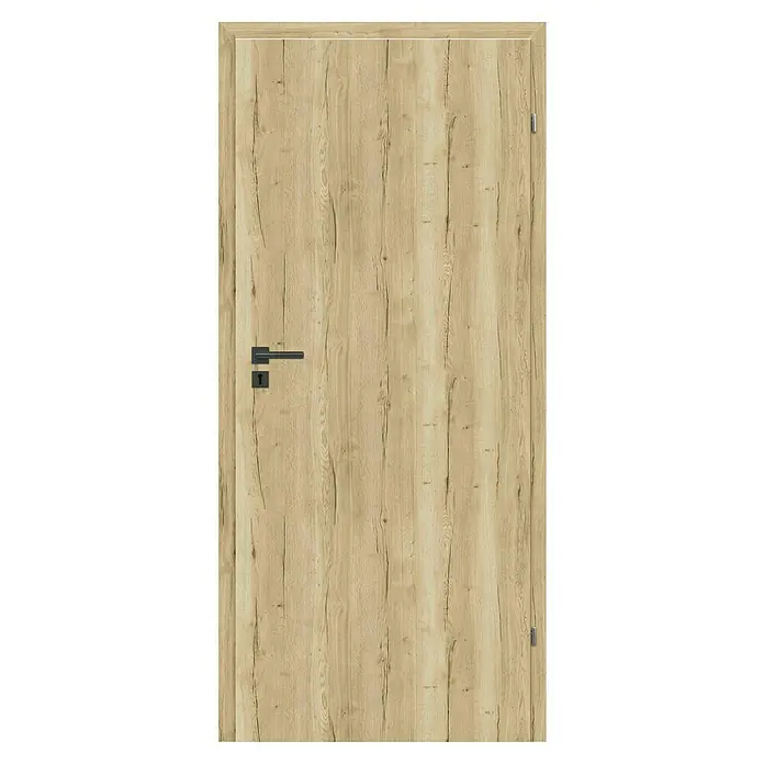 Classen PL Zimmertür - 860 x 1.985 mm, DIN Anschlag: Rechts, Eiche Claveland, Wabe - Eine Holztür mit einem modernen schwarzen Türgriff, die natürliche Holzmaserung betont das schlichte Design.