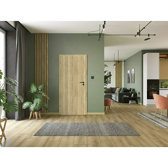 Classen PL Zimmertür - 735 x 1.985 mm, DIN Anschlag: Links, Eiche Claveland, Wabe - Einladender Innenraum mit Holztür, grünen Akzenten und stilvoller Beleuchtung, der eine moderne und natürliche Wohnatmosphäre schafft.