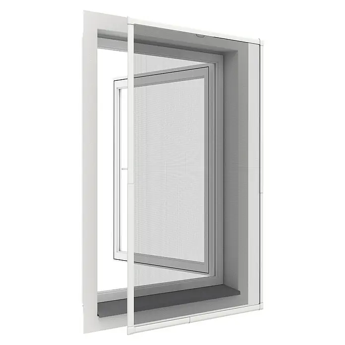 Easy Life Insektenschutzfenster WhiteLINE PLUS - Anthrazit, Breitenverstellung: 67 cm - 117 cm, Höhenverstellung: 77 cm - 137 cm, teleskopierbar - Nahaufnahme eines Fensters mit Insektenschutzgitter, das teilweise geöffnet ist, um das Hauptfenster dahinter zu zeigen.