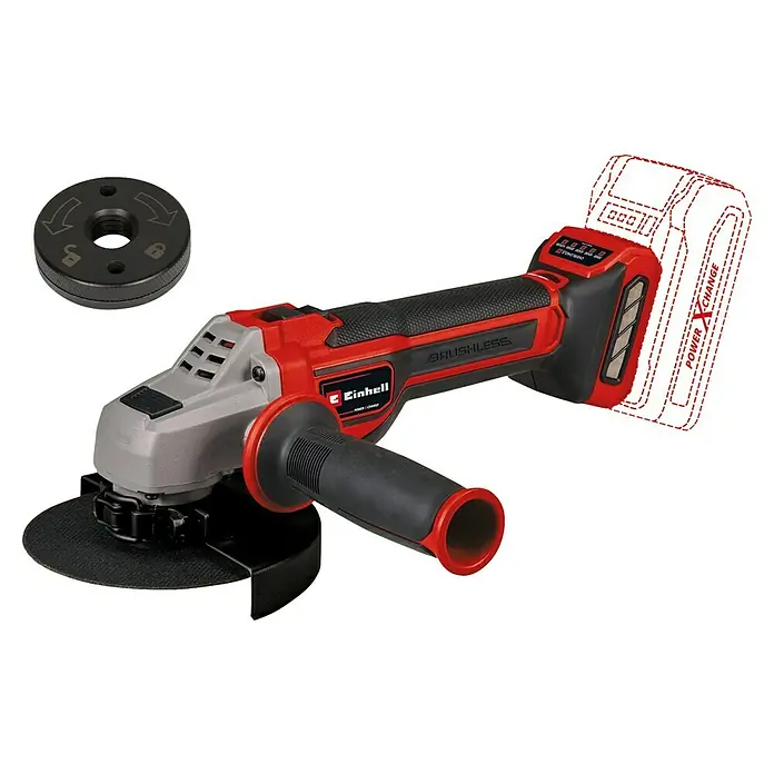 Einhell Professional PXC 18V Amoladora angular de batería TP-AG 18/125 CE Q Li - Solo - Sin batería, Diámetro disco: 125 cm, 3.000 r.p.m. - 10.500 r.p.m. - Amoladora angular inalámbrica con mango auxiliar y un disco redondo con indicaciones de bloqueo en la parte superior izquierda.
