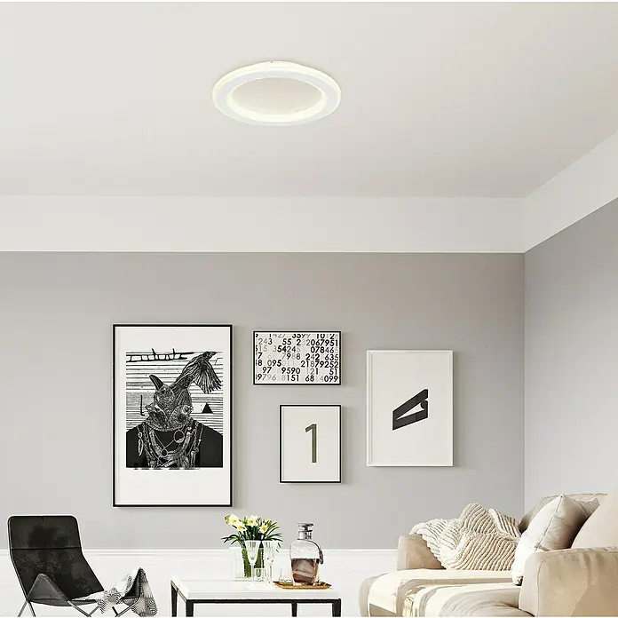 Globo LED-Deckenleuchte rund TINI - 18 W, Ø x H: 29,7 x 4,7 cm, Weiß, Neutralweiß - Eine moderne, runde LED-Deckenleuchte mit einem schlichten, weißen Rahmen, die eine helle und gleichmäßige Beleuchtung bietet.