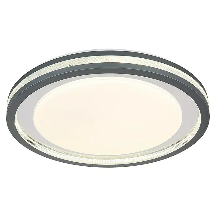 Globo LED-Deckenleuchte rund TERPSA - 30 W, Ø x H: 47,8 x 6,7 cm, Weiß-matt, Mehrfarbig - Nahaufnahme einer modernen LED-Deckenleuchte mit grauem Rahmen und kristallverziertem Lichtelement für stimmungsvolle Beleuchtung.