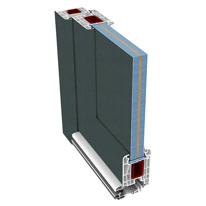 Solid Elements Haustür KT-541 - 110 x 210 cm, DIN Anschlag: Links, Fenstergrau/Verkehrsweiß - Detailaufnahme eines Haustürprofils im Querschnitt, das die mehrschichtige Bauweise und die Materialkomposition des Produkts verdeutlicht.
