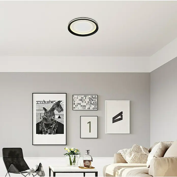 Globo LED-Deckenleuchte rund CLARINO - 18 W, Ø x H: 30 x 5,5 cm, Weiß, Warmweiß - Moderne Deckenleuchte mit kreisförmigem Design, bestehend aus einem weißen Diffusor und einem schwarzen Rahmen, die eine elegante Beleuchtungslösung bietet.