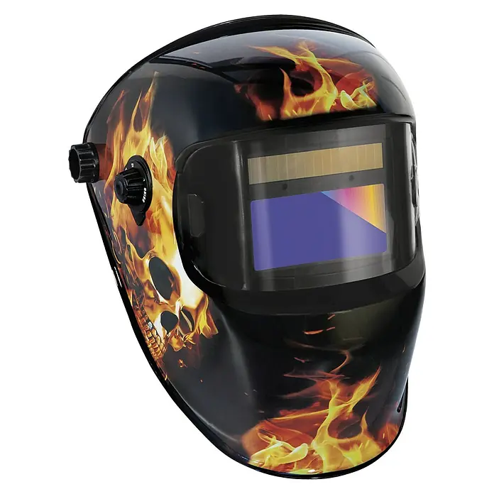 Gys Schweißhelm LCD Fireman 9-13 - Universal, Schutzstufe: 9 Stk. - 13 Stk. - Schweißhelm mit Totenkopf- und Flammenmuster.