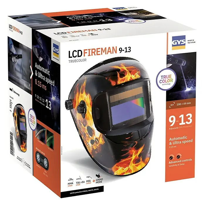 Gys Schweißhelm LCD Fireman 9-13 - Universal, Schutzstufe: 9 Stk. - 13 Stk. - Produktverpackung: GYS LCD FIREMAN 9-13 Schweißhelm mit True Color Technologie, automatische Abdunkelung für optimale Sicht beim Schweißen.