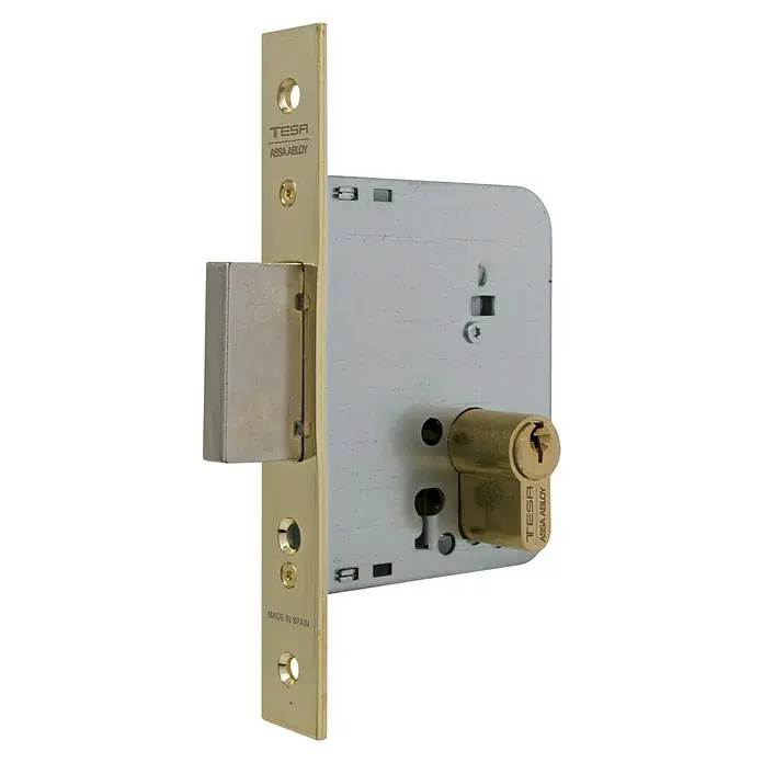 Tesa Assa Abloy Cerradura empotrable para puerta - Ancho: 20 mm, Norma de distancia: 85 mm, Cerradura embutida - Cerradura de embutir TESA ASSA ABLOY con cilindro. La cerradura está hecha de metal resistente y ofrece alta seguridad para puertas.