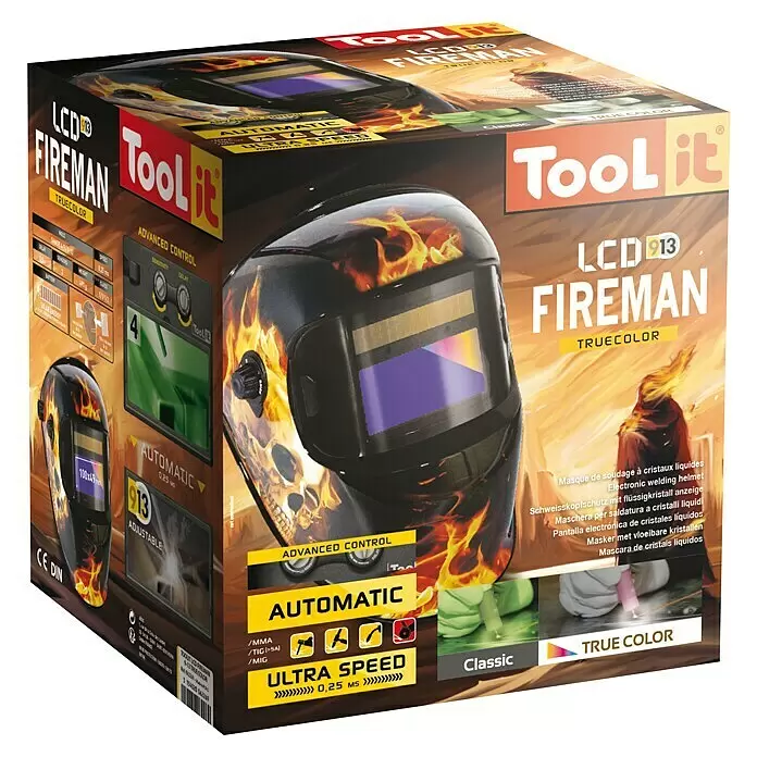 Gys Casco de soldadura Fireman - Universal, Nivel de protección: 9 ud. - 13 ud. - Caja para casco de soldadura automático 'Tool It LCD Fireman', negro con diseño de llamas y calavera, pantalla LCD color real.